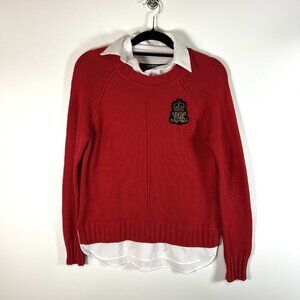 Lauren Ralph‎ Lauren Red White Crest Sweater Crew Neck Knit Size Petite S